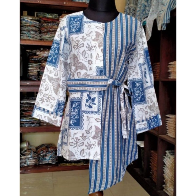 tey-17 Batik wanita ASJ SA HRB026 Kenongo Kemeja Tosca Pendek-KUPU BIRU