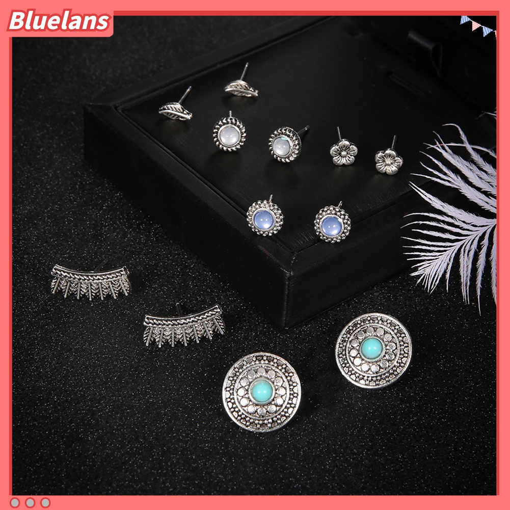 6 Pasang / Set Anting Stud Bentuk Bunga Bulu Bulat Gaya Retro Boho Untuk Wanita