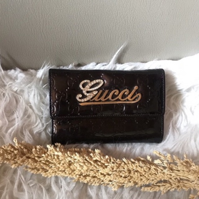 dompet mini coklat|preloved wallet|dompet ala gucci kulit asli|dompet lipat embos patent leather