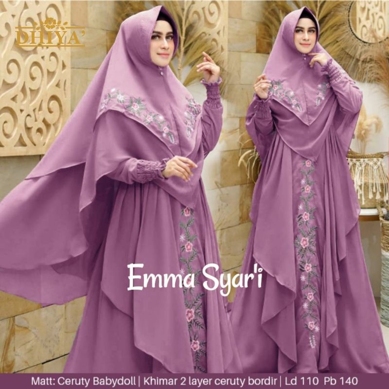 Gamis Emma Syari Ceruty Babydoll Khimar 2 Layer Ceruty Bordir