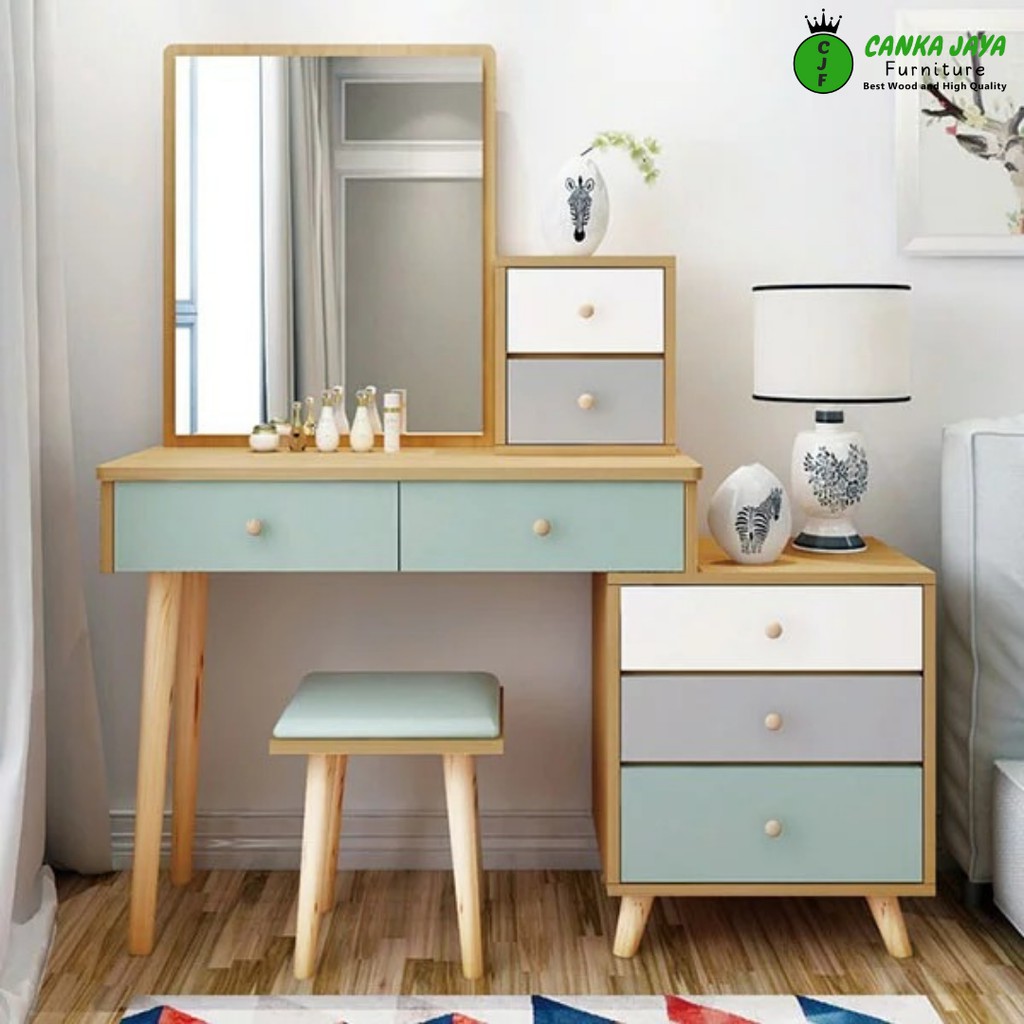 CANKA Vanity - Meja Rias Kaca Laci dan Bangku Kecil Minimalis Modern | Dressing Table