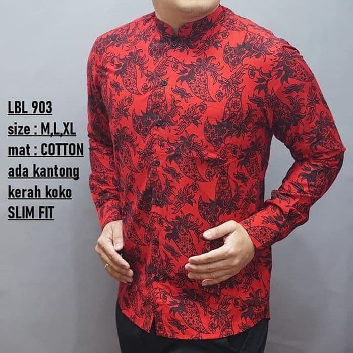 KEMEJA BATIK PRIA SLIM FIT MERAH BAJU BATIK IMLEK MERAH LBL903