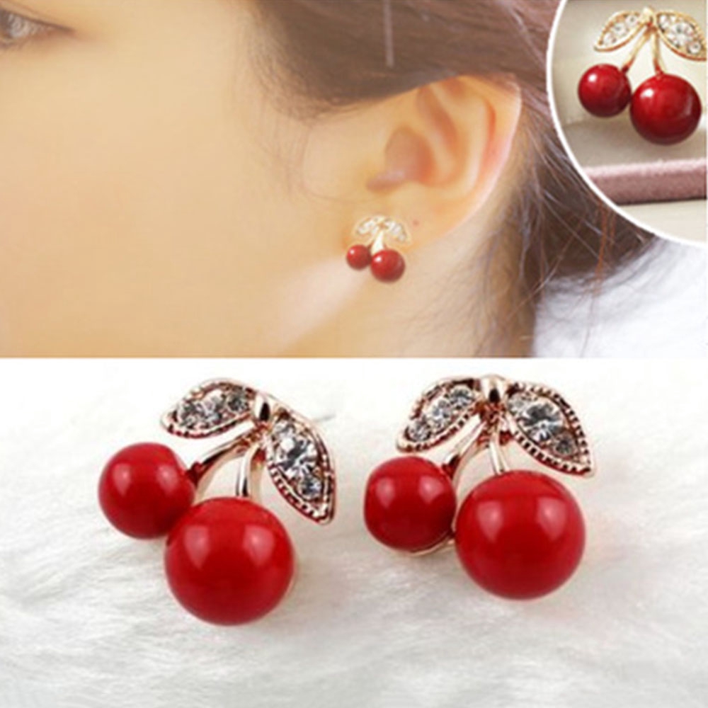 Anting Klip Tanpa Tindik Desain Buah Ceri Merah Untuk Wanita