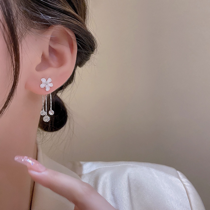 Anting Tusuk Gantung Panjang silver 925 Desain Bunga Hias Kristal Untuk Wanita