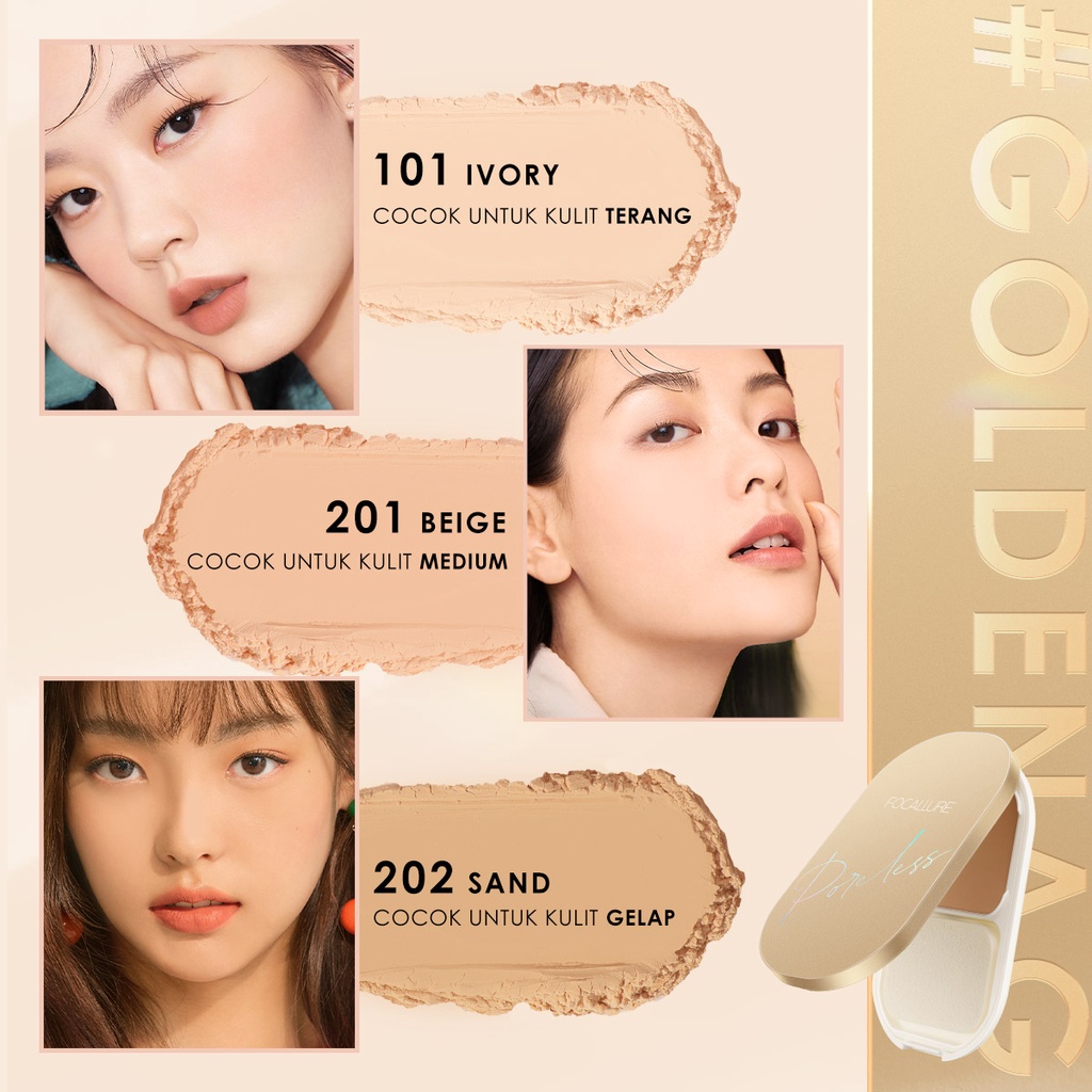 FOCALLURE #GoldenAge Poreless Bedak Padat Compact Powder Waterproof Matte Pressed Powder