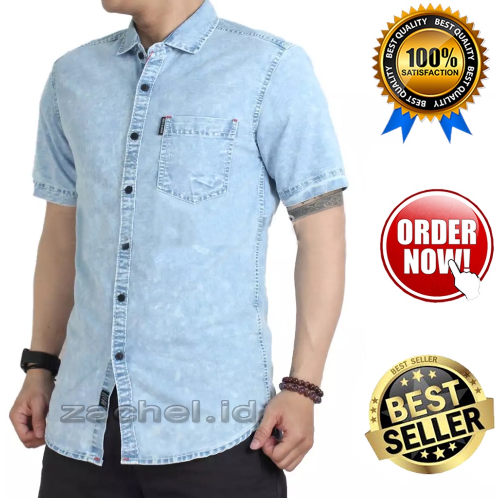 Kemeja Jeans Denim Kasual Lengan Pendek Pria Model Polos Dan Snow Wash