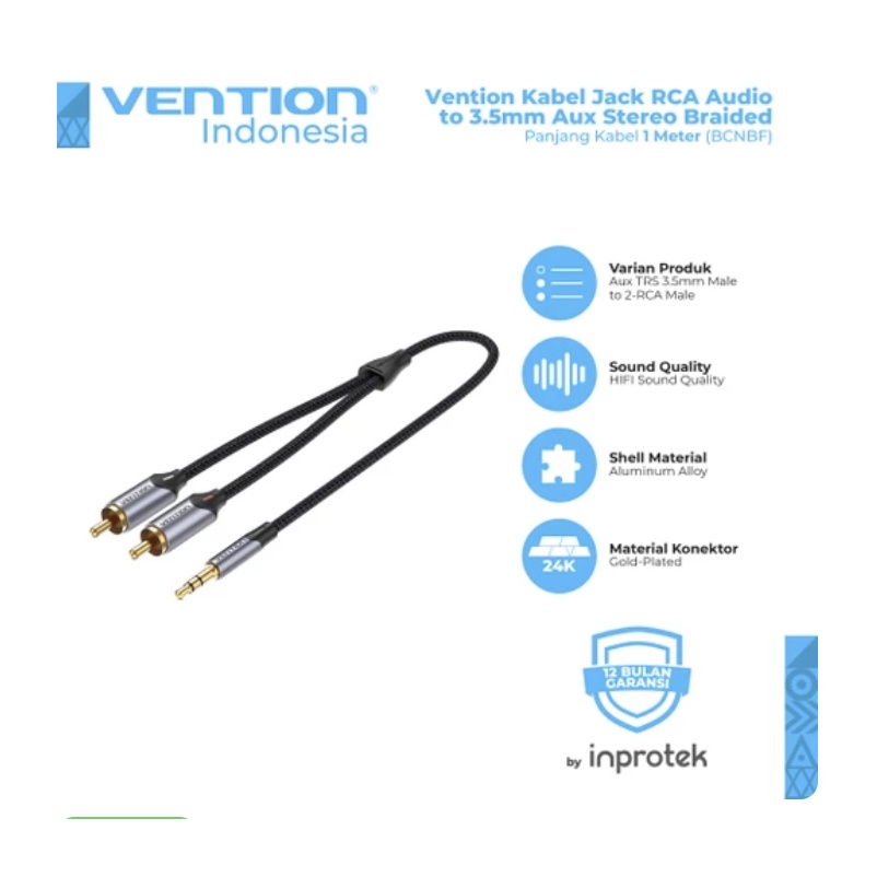 [1M] Vention Kabel Aux Audio Jack 3.5mm male to 2 RCA male - BCN