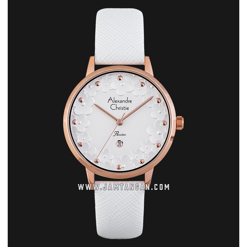 Alexandre Christie AC 2794 LD LRGSL Ladies White Motif Dial White Leather Strap