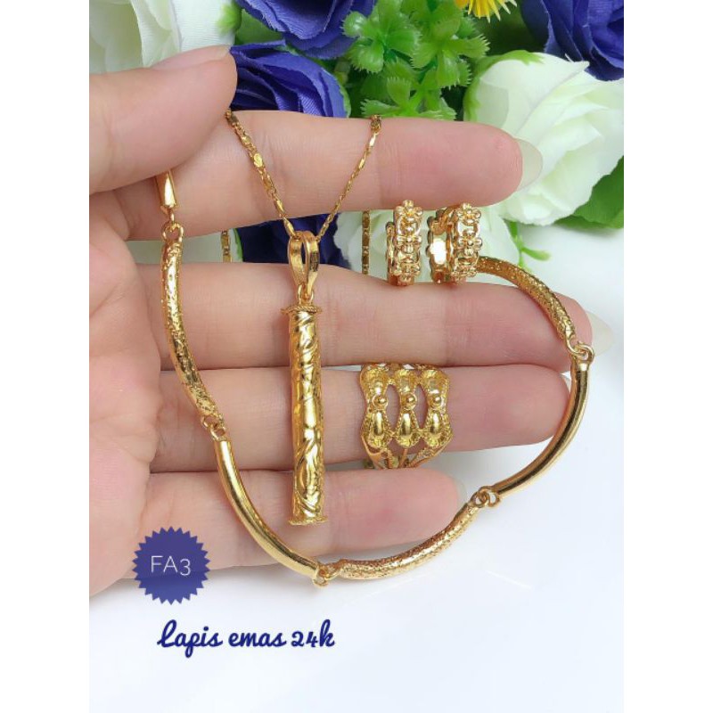[lapis emas 24 karat] paket perhiasan emas 24 karat rantai kalung liontin bambu 220121
