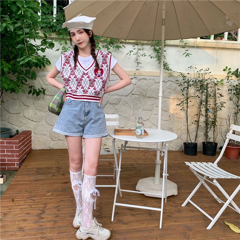 rompi rajut wanita korea style fashion beruang bordir V-neck crop rajut rompi atasan tanpa lengan wanita