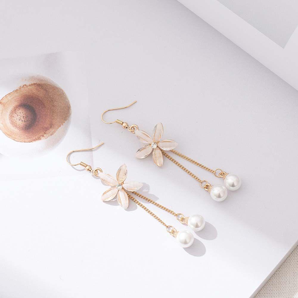 Needway Kait Anting Logam Aksesoris Sederhana Rumbai Simulasi Mutiara Lima Daun Drop Earrings