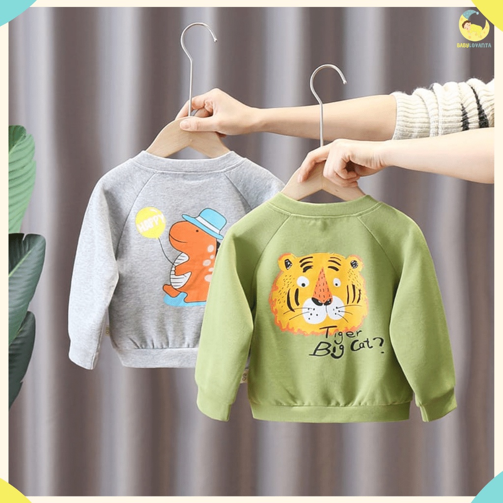 BABYLOVANTA /  Cardigan anak 0-5 tahun motif DINO GREY &amp; TIGER HIJAU /  sweater anak IMPOR KOREA sweater rajut anak baju rajut tipis adem