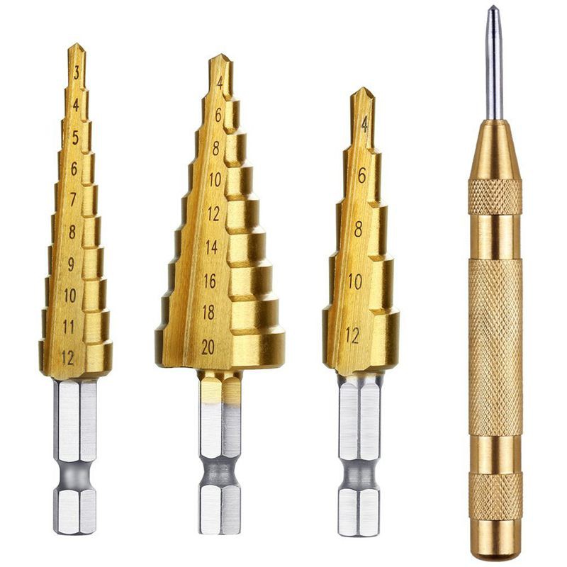 4pcs / Set Mata Bor Hss Steel Titanium Step 3-12 / 4-12 / 20 / 32mm Multi Ukuran Untuk Melubangi Kayu