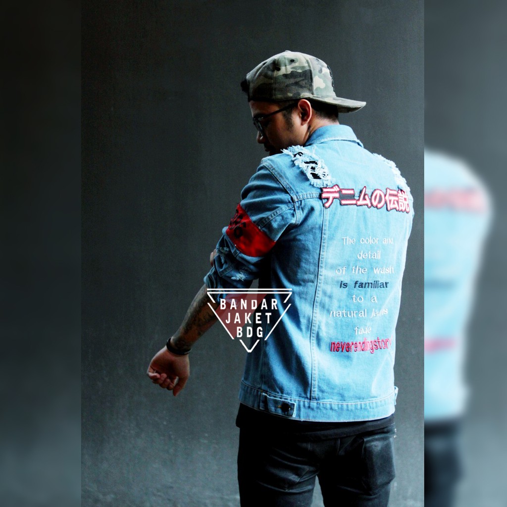 Jaket Denim Pria Ripped Bordir Japanese Legend Of Denim