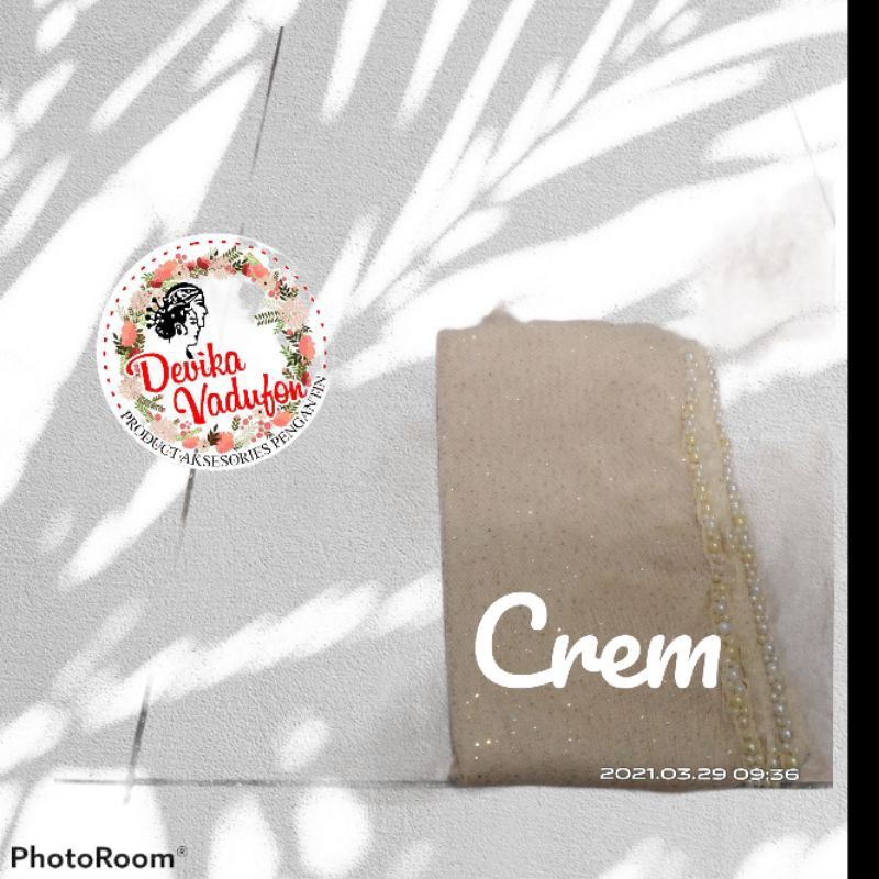 SLAYER veil HIJAB PENGANTIN  kerudung /selayer  tuile gliter mutiara, wisuda, ondangan, pesta-Crem