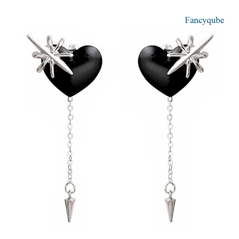 Fancyqube Anting Rumbai Bentuk Hati Asimetris Warna Hitam Untuk Wanita