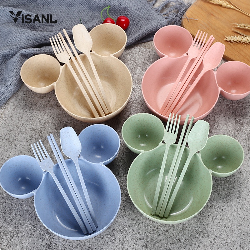 Mangkok Set Peralatan Makan Anak 4 in1Bahan Jerami Gandum Children Tableware Piring Kartun VS-25