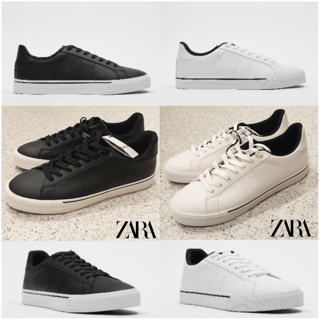 Sapatu Pria Zara Black White Original Sneakers Lace Up Trainers With Topstitching Hitam Putih Cowok 