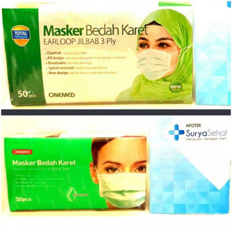 Masker 3ply Earloop Onemed 1 box isi 50 pc/ Masker Karet Onemed /Masker hijab onemed