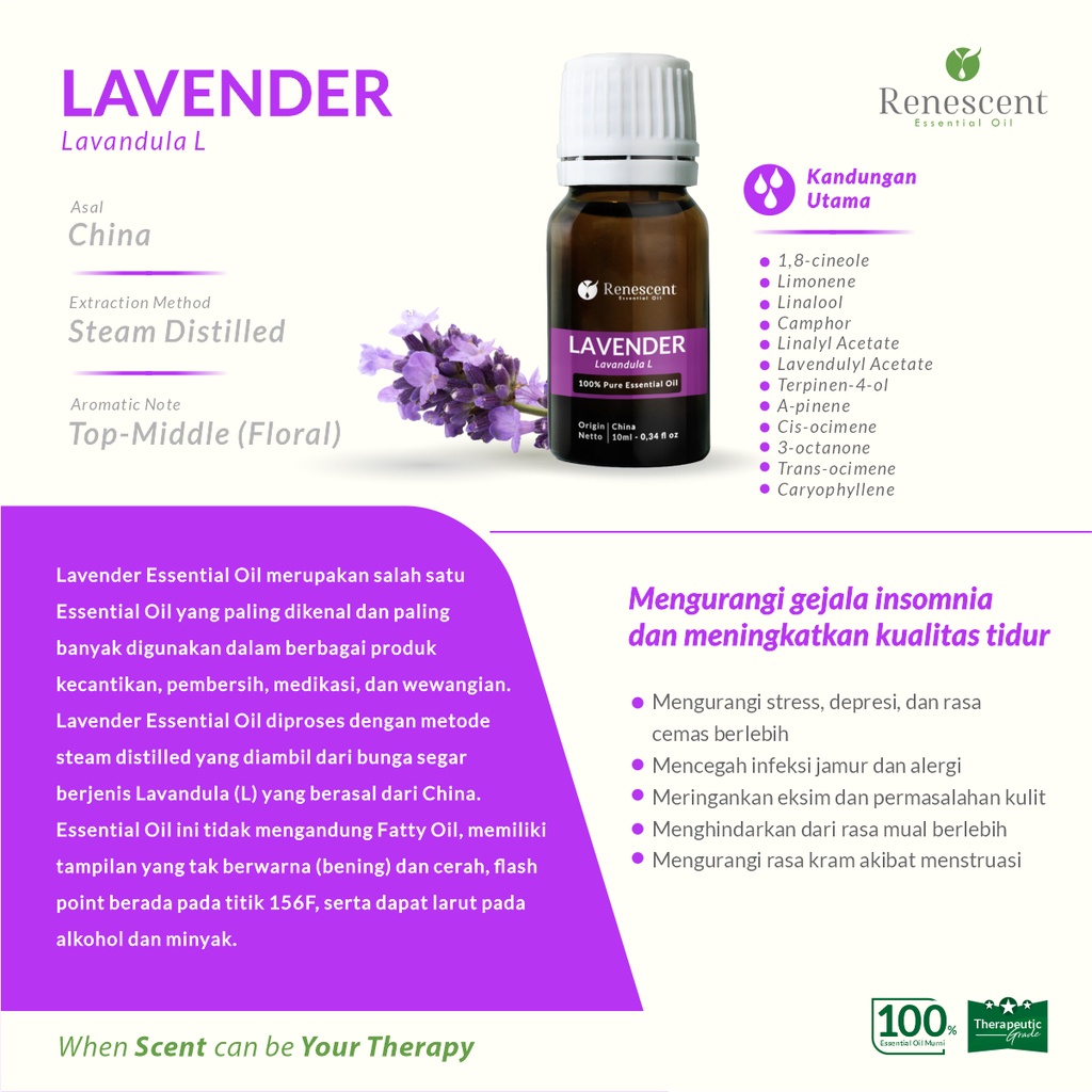 Renescent Lavender Pure Essential Oil 10ml Diffuser Aromatherapy Humidifier Air Purifier Lilin Aromaterapi
