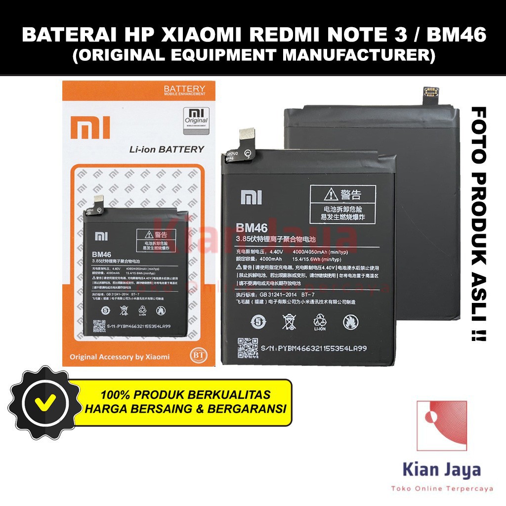 Baterai Redmi Note 3 / Note 3 Pro BM46 Original OEM Battery Batrai Batre Handphone Hp BM 46 Ori