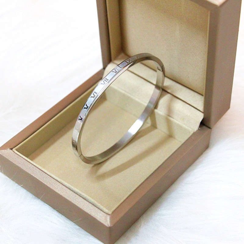 Gelang Titanium Premium Anti Karat Angka Romawi Lapis Emas 18K Korea Perhiasan Wanita