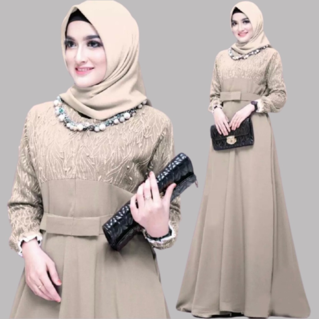 GAMIS BRUKAT MUTIARA QUEENBY KOMBINASA MOSCREPE / Gamis Brukat Busui Muslimah Bumil-MOCCA