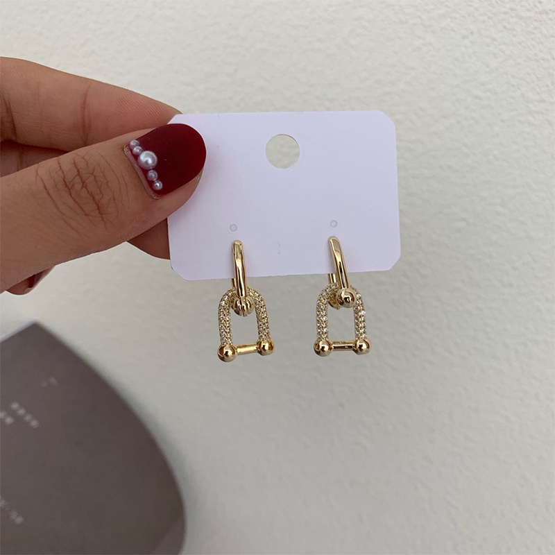 Fashion Bertatahkan Zirkon Berbentuk,U Anting-Anting,Emas Cincin Ganda Saling Geometris,Dilepas Retro Telinga Stud,Minoritas Perhiasan,Untuk Wanita