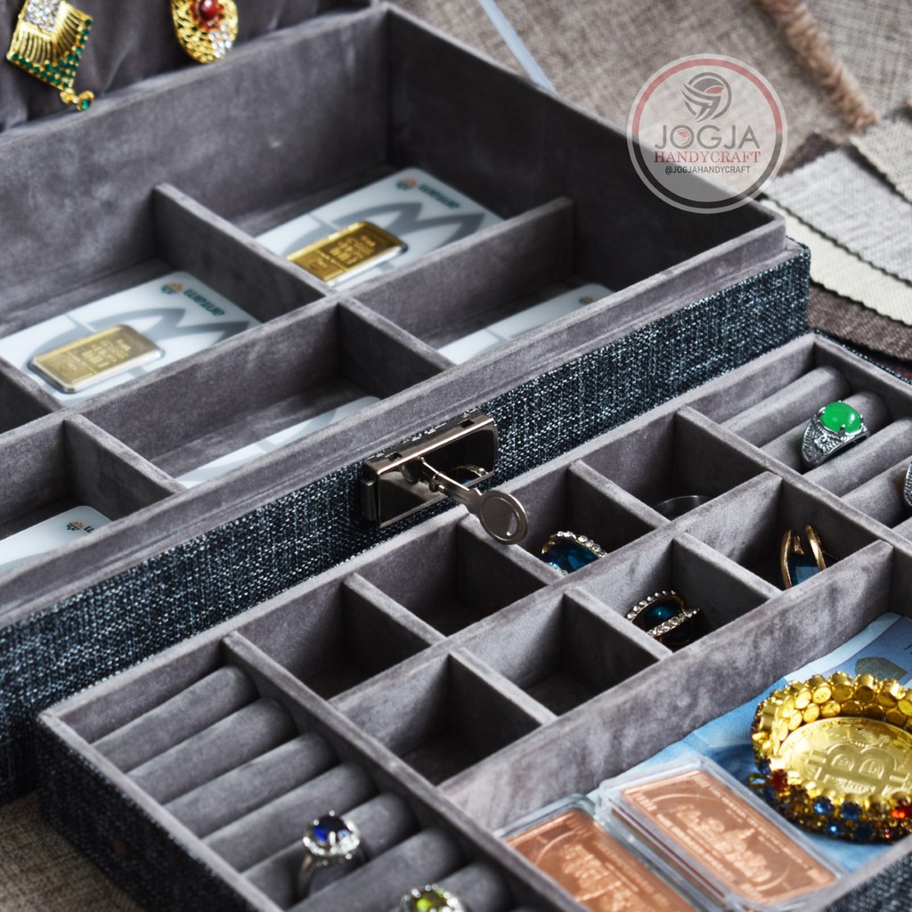 Bisa Dikunci - Luxury Jewelry Box Kotak Tempat Perhiasan Lengkap Emas, Kalung, Cincin, Gelang