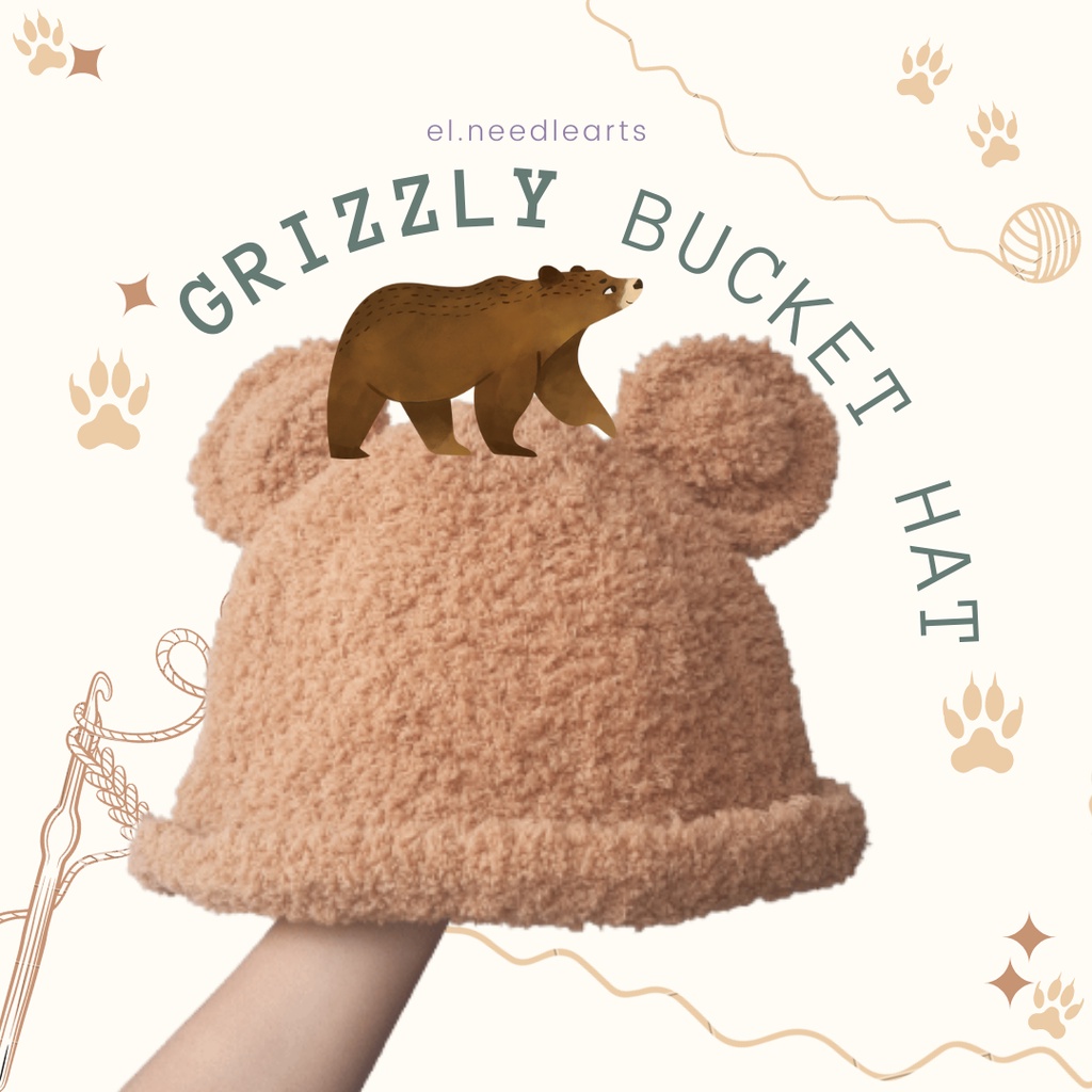 Grizzly Bucket Hat // Bucket Hat Beruang Coklat // Topi Rajut Bucket Hat Bulu // Crochet Bucket Hat