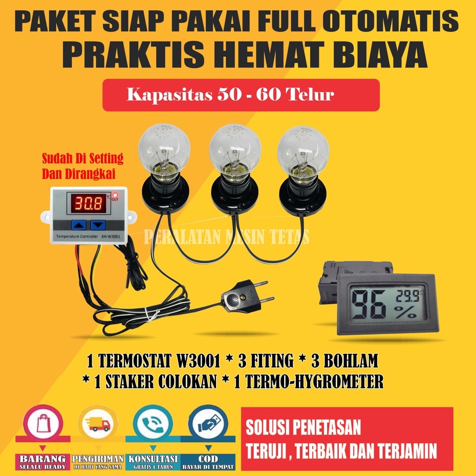 Paket Siap Pakai W3001 Kapasitas 20 Sampai 100 Butir Telur  Termostat Thermo-Hygrometer Termometer Gea Mesin Tetas