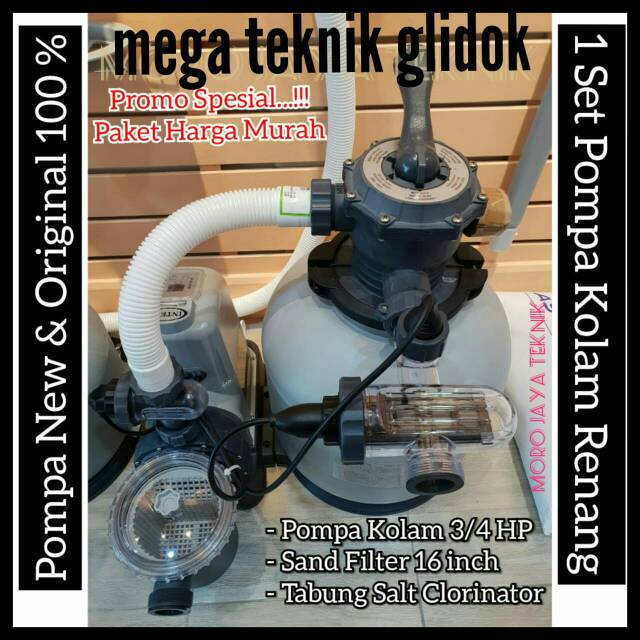 Paket Filter Vacuum Kolam Renang Pompa 3/4HP + Tabung Filter 16" + Tabung Clorinator