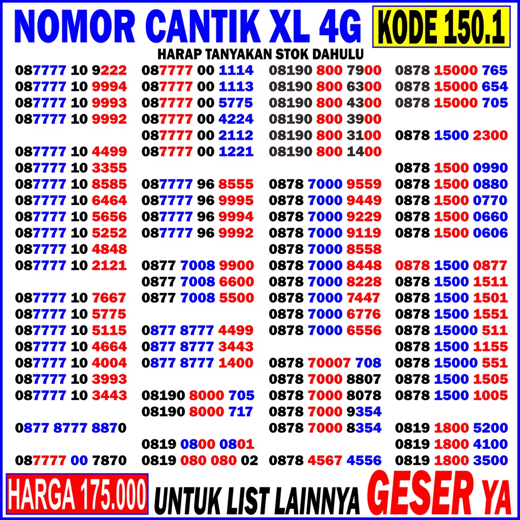 Nomor Cantik XL Triple ABAB AABB 50.100 Kartu Perdana XL
