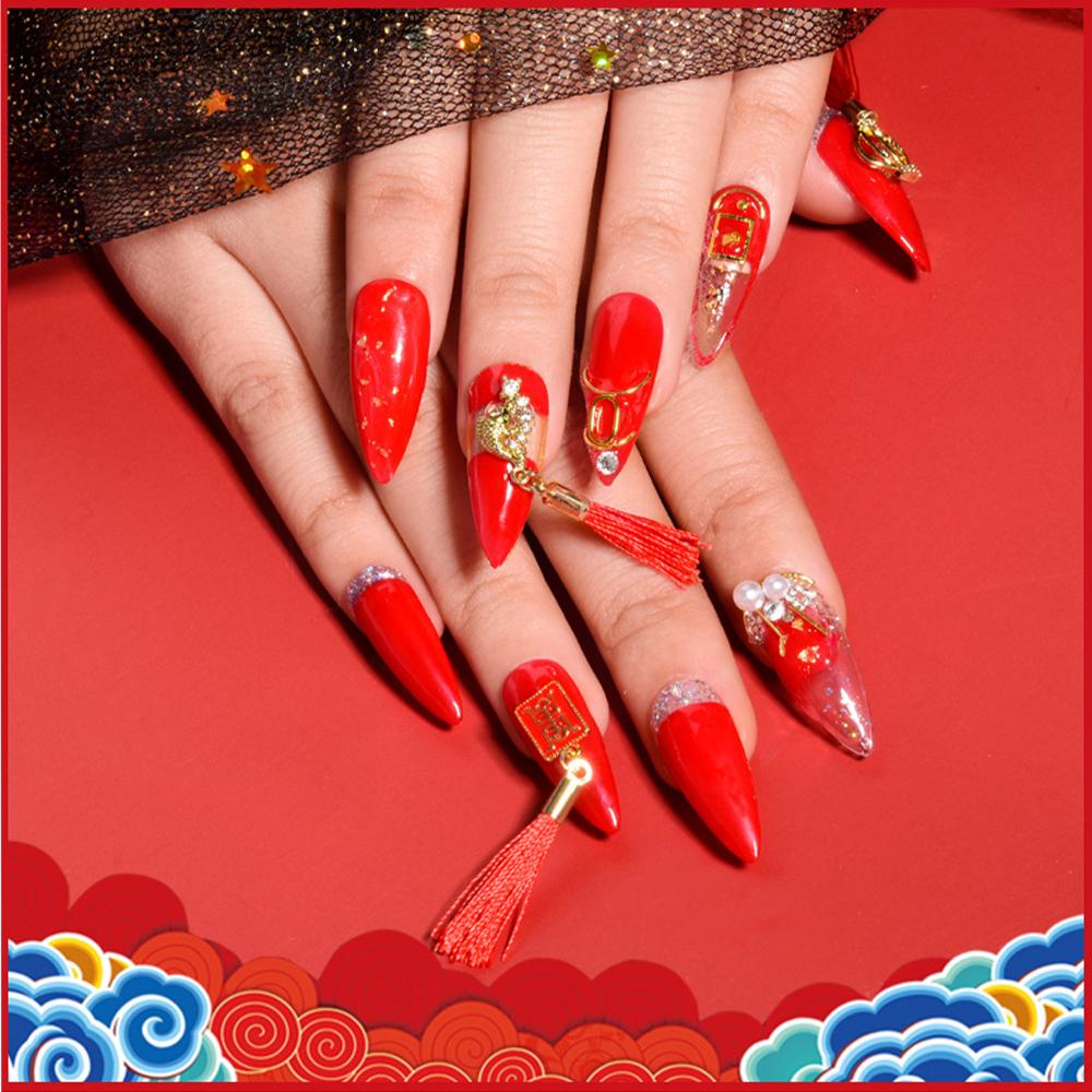 AUGUSTINA Agustina 3D Kuku Berlian Imitasi DIY Zirkon Merah Rumbai Manikur Kristal Simpul Cina