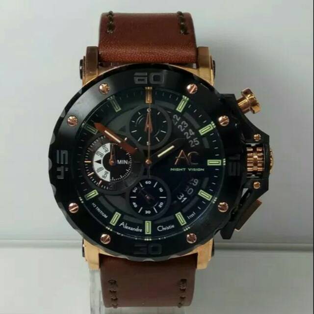 JAM TANGAN PRIA ALEXANDRE CHRISTIE AC 9201 COWOK KULIT BLACK ROSEGOLD ORIGINAL
