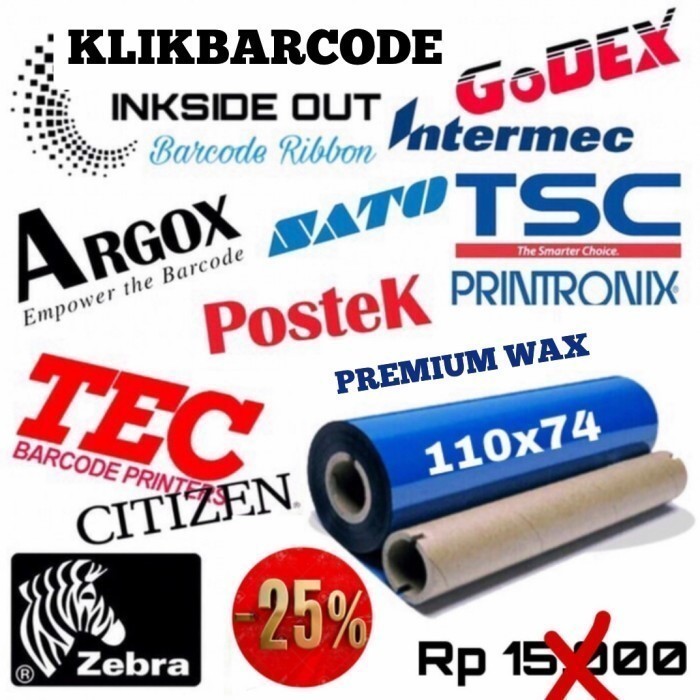 

MURAH RIBBON BARCODE STANDARD WAX 110 x 75 M FOR ZEBRA GK888T/GC420T/GK420T