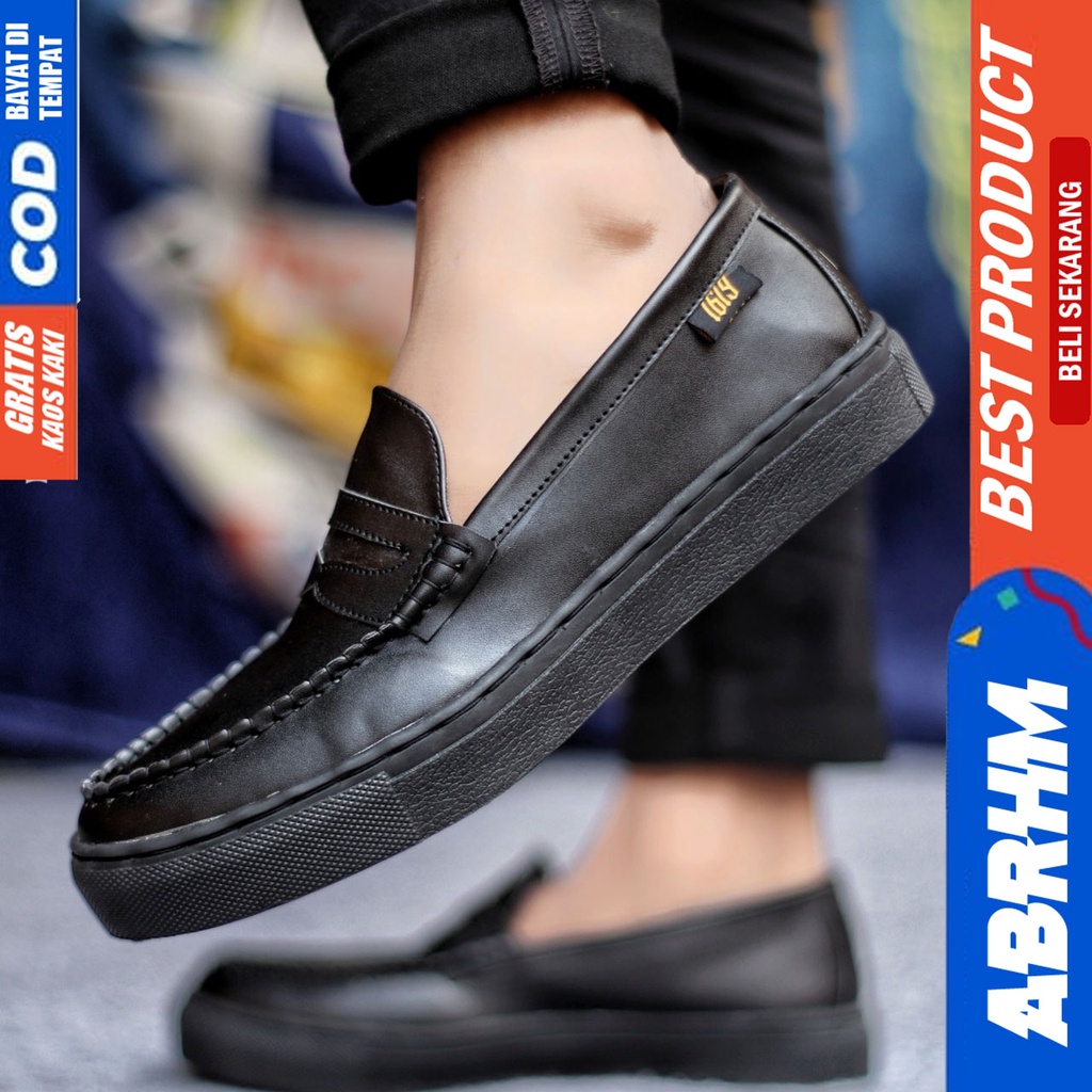 Sepatu Casual Pria Kasual Formal Slip On Kulit Pu Kerja Kondangan Hitam ABRHM TRAVIS