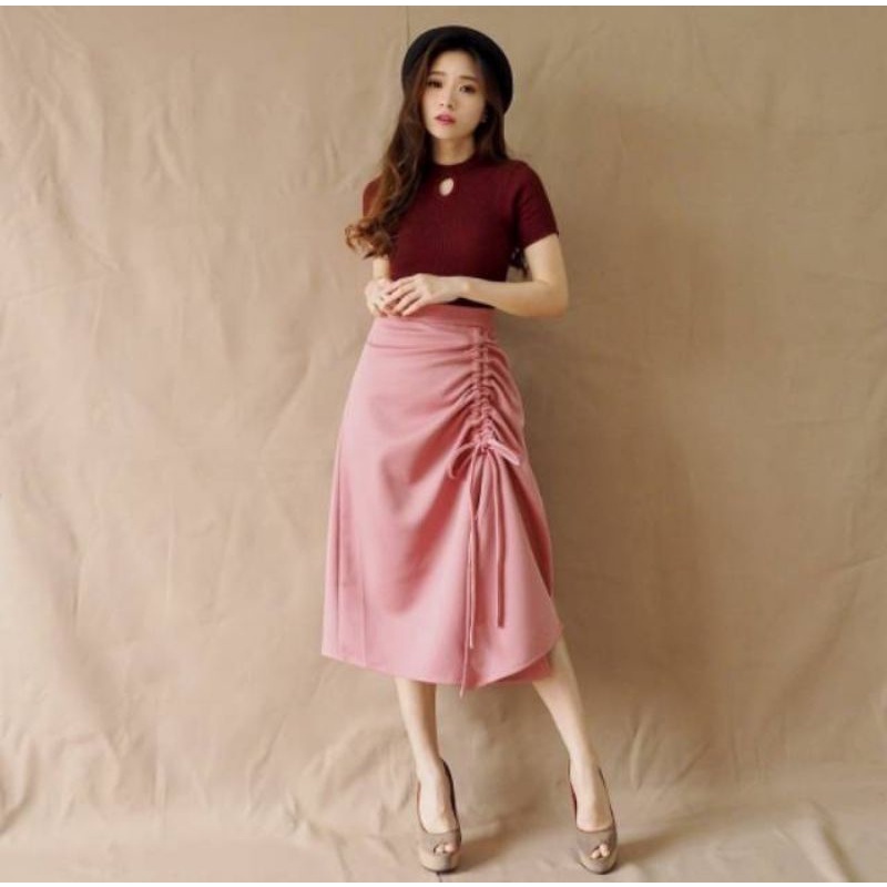 Midi Skirt Slit Tali Serut Flare Korean Style