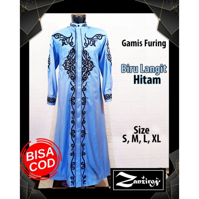 Gamis Pria Bordir Zanziron Biru Langit Hitam