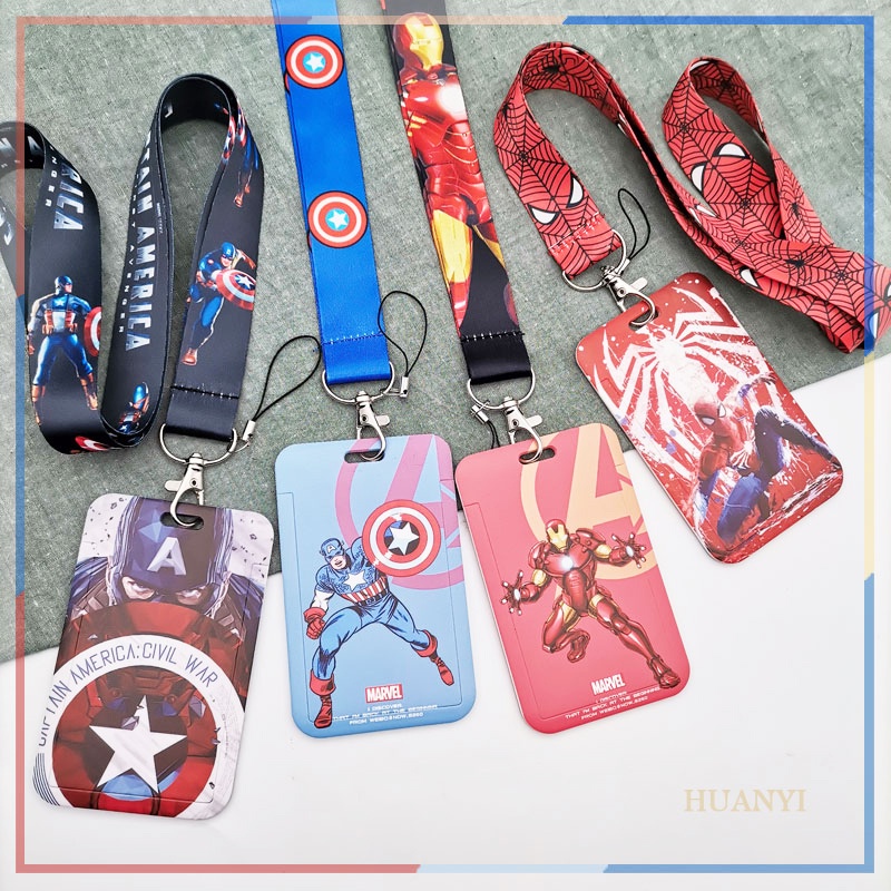 Marvel Heroes Captain America Badge Card Holder Dengan Neck Lanyard Spider Iron Man Keychain 2in1 Bank Bus Name Tag Visible Card Sleeve Protector Gantungan Kunci