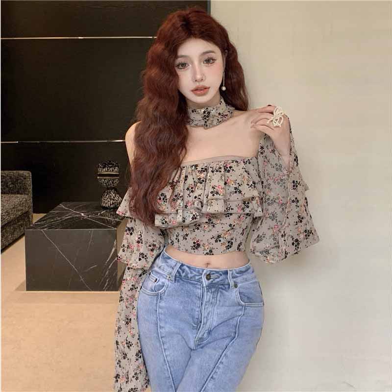 blus korea kemej one-shoulder ruffled pullover floral kemeja lengan panjang gaya pendek wanita kemej