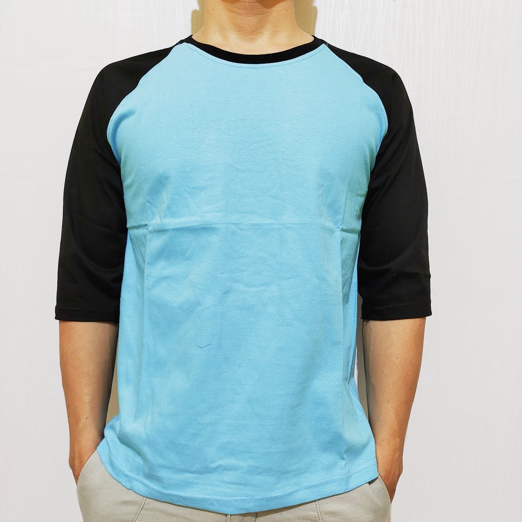 Kaos Polos Raglan Skyblue lengan hitam 3/4 20 22 S M L XL XXL