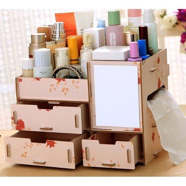  RAK  MAKE UP KAYU CERMIN  RAK  KOSMETIK  KACA DESKTOP STORAGE 