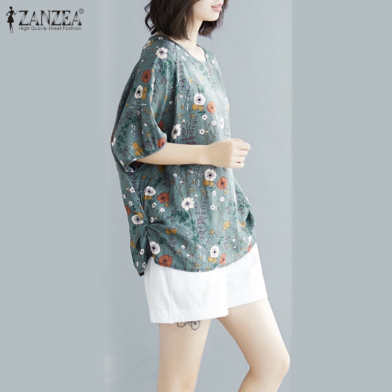 ZANZEA Women Short Sleeve Printed Vintage Casual Loose Blouse