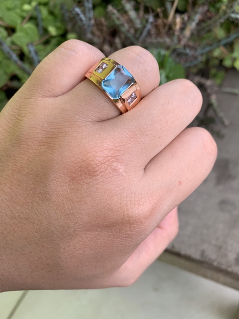 Cincin Casual Luxury Minimalis Batu Akik Blue Topaz Ring 18 K Gold Filled Terpadu