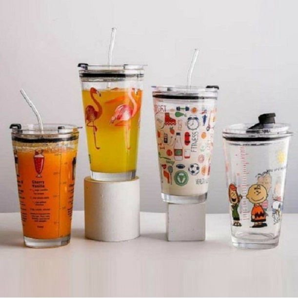 Tumbler Gelas Kaca Motif Animal + Sedotan kaca Ware Cup 450ml / Gelas Beling H482