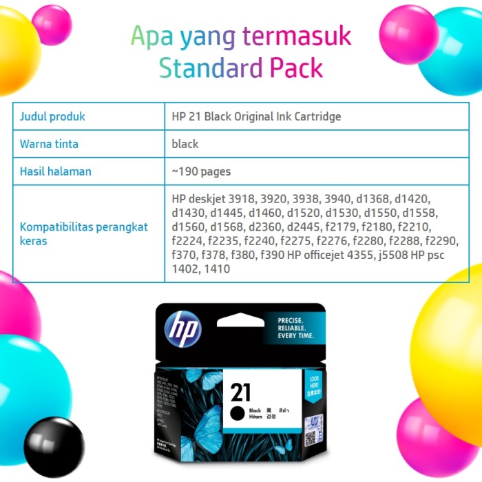 CARTRIDGE HP 21 BLACK / TINTA CATRDIGE HP21 HITAM ORIGINAL - RESMI