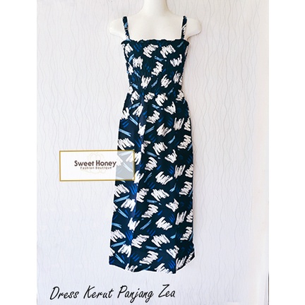 Sweet Honey ~ Dress Kerut Panjang Semok Bali Zea Tali Satu BH Motif Bunga dan Etnik Random