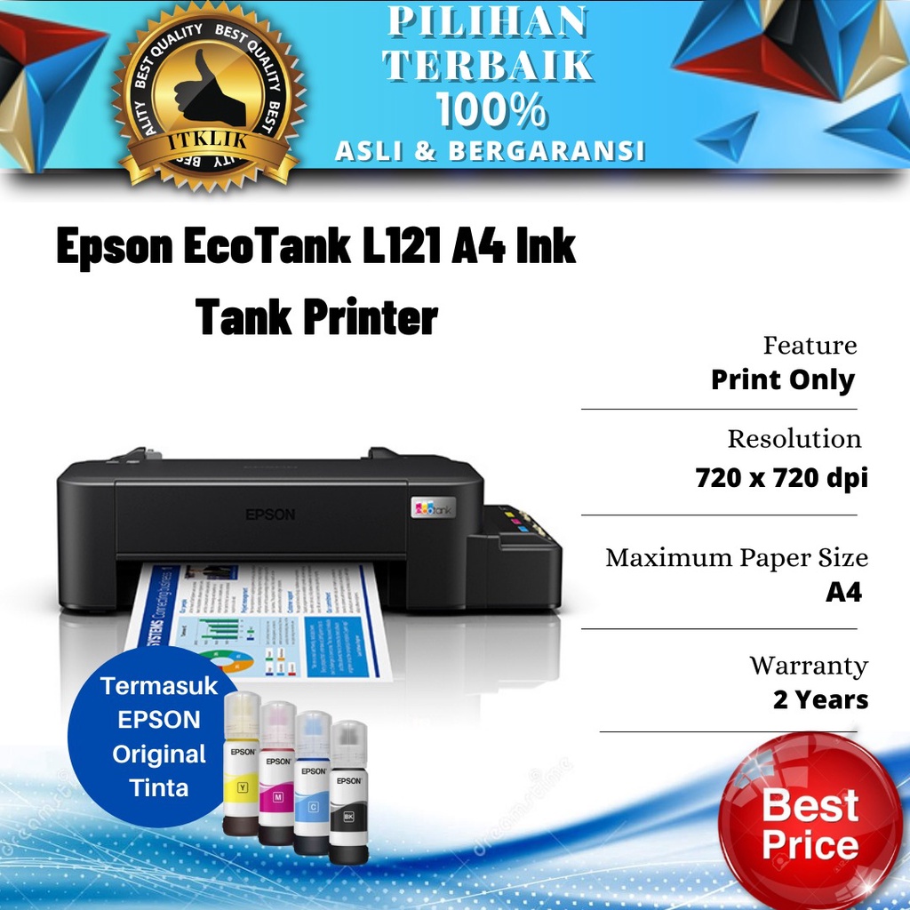 Epson Printer L121 InkJet (Print Only )Pengganti L120 - GARANSI RESMI EPSON OFFICIAL Printer Murah