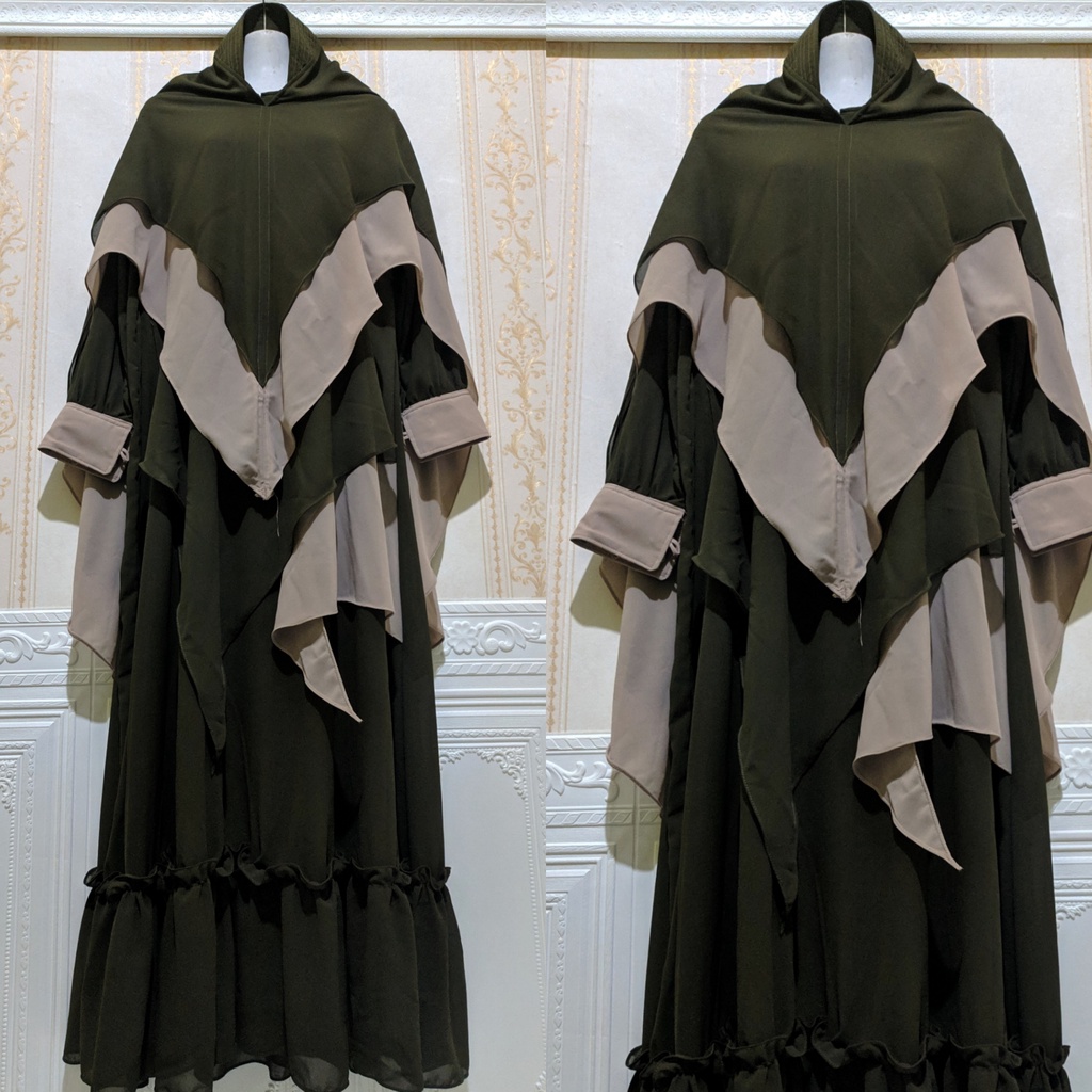 Gamis syari ceruty set khimar Gamis wanita remaja ibu ibu jumbo mewah Gamis terbaru kekinian-Army mix coksu